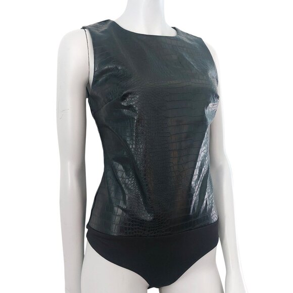 Black Faux Leather Bodysuit M Tank Top Croc Embossed Basic Layer Edgy EXPRESS - Picture 4 of 14